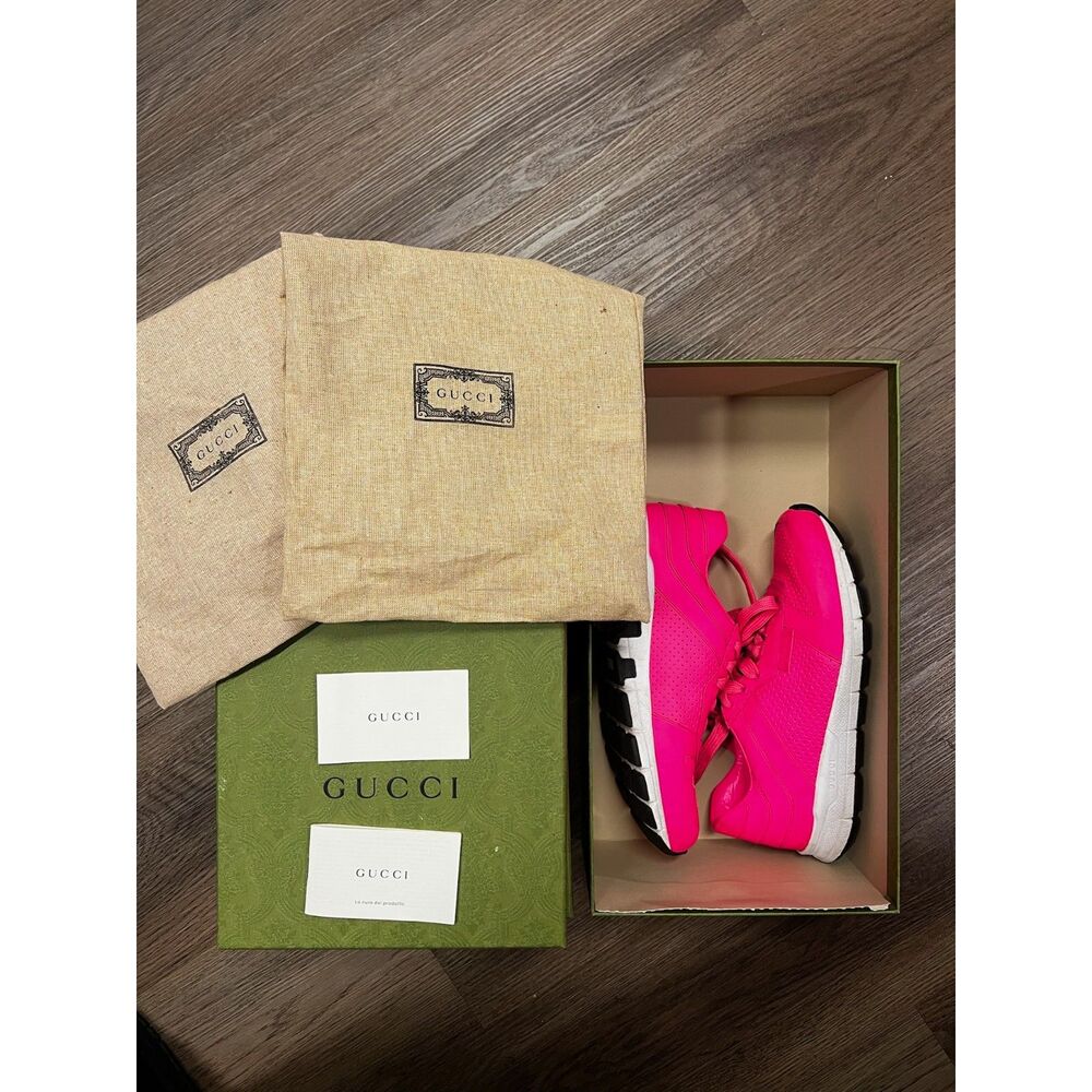 Gucci Neon Pink Leather Low-Top Sneakers Womens 7us w/ Box & Dust Bag